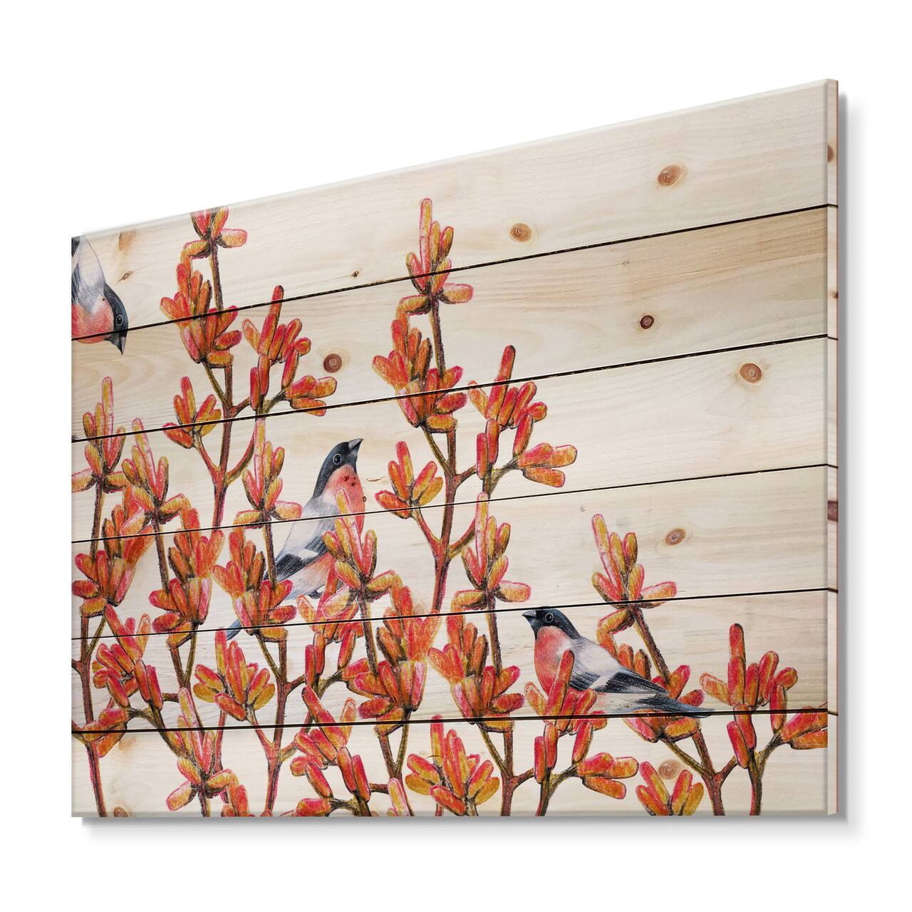 Designart - Flock of Bullfinches Birds on Orange Branches - Traditional Print on Natural Pine Wood